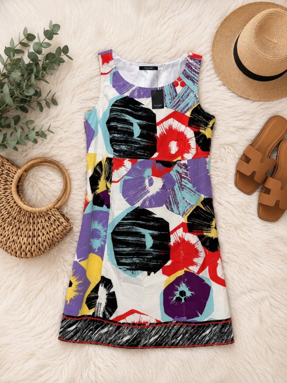 Tahari Abstract Floral Sleeveless Shift Dress Colorful Career Cocktail Size 8